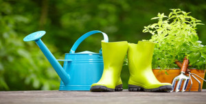 Rubber boots with watering can in wood terrace